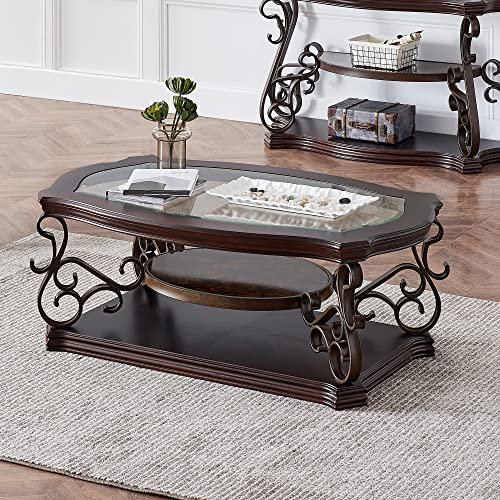 HomSof Glass Coffee Table with Storage, Side Table with Glass Table Top, MDF Middle Shelf and Metal Legs, 52 Lx32 Wx20.3 H