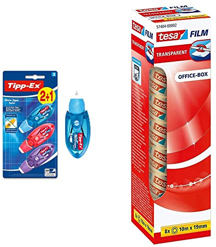 BIC Tipp-Ex Korrekturroller Micro Tape Twist, 8m x 5 mm, 3 Stück & tesafilm transparent - Transparentes Klebeband mit starker Haftung - alterungsbeständig und reißfest - 10 m x 19 mm - 8er Pack