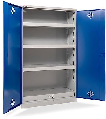 Steinbock Gefahrstoffschrank aus Stahlblech | HxBxT 195 x 120 x 50 cm | 4 Einlegewannen höhenverstellbar | 45 kg Boden Tragkraft | vollmontiert | Chemikalien- und Giftschrank mit Zylinderschloss