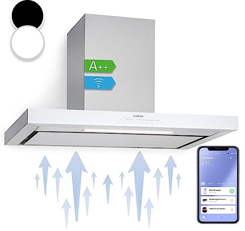 Klarstein Dunstabzugshaube 90cm, Abluft/Umluft Dunstabzugshaube mit Spülmaschinenfestem Filter, Abzugshaube Leise, 577 m³/h Luftstrom, Wandhauben für die Küche mit App Control, Dunstabzug 90 cm