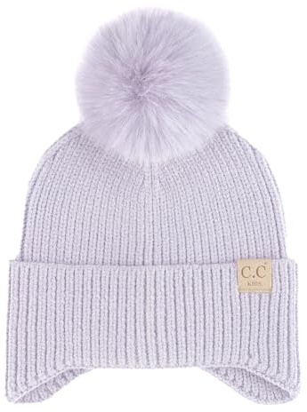 C.C Kids Ear Flap Fur Pom Beanie for Boys Girls - Comfortable Soft Warm Children Youth Knit Skully Hat with Faux Fur Pom (Lavender)