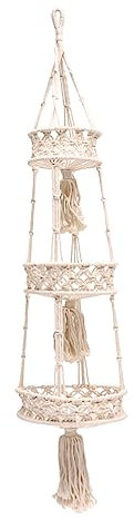 Yardwe 3-layer Cotton Rope Hanging Basket for Indoor Gardening, Multi-layer Plant Hanger in Beige, Hand-woven Decorative Flowerpot Holder for Fruit and Flowers