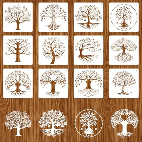 Jasminum 12 Stück Baum des Lebens Schablone, Schablonen Vintage, Malen Schablonen aus PET-Material, Geeignet für Wanddekorationen, Möbel, Holzschilder und Kleidung