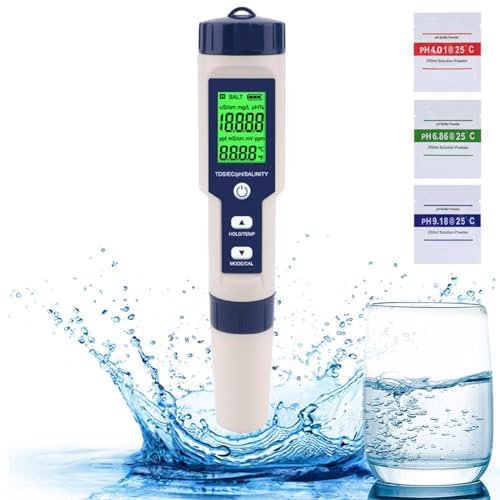 Holzsammlung Testeur pH et Sel Piscine,5 en 1 PH Mètre Numérique, avec Écran LCD, Testeur pH Conductivité Sel EC TDS Temp pour Aquarium, Spa, Eau Potable, Hydroponique
