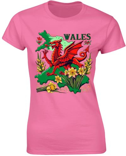 St Davids Day Ladies T-Shirt Welsh Flag Dragon Fusion Daffodil Wales Festival Fancy Dress Costume Womens Gift Tshirt Azalea - Large