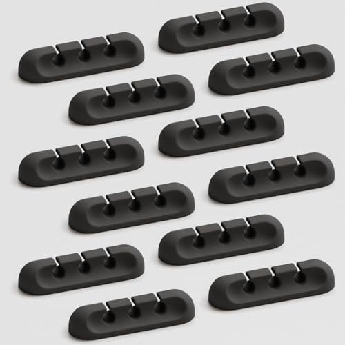 USB Cable Organizer Clips Cord Holder,12 Packs (3-Slots) Black Self Adhesive Desk Cord Cable Management