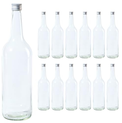 Vitrea 12 leere Glasflaschen 1 Liter Schraubverschluss Silber - große Flaschen zum Befüllen mit Deckel - für Wein, Saft, Getränke, Likör, Öl, Saucen - 12 Stück, PP28, Gradhals