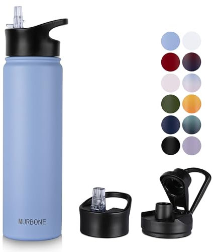 MURBONE Insulated Water Bottle, 750ml Stainless Steel Drink Flask with Straw, BPA Free, 2 Lids (Straw and Spout), Leakproof Double Walled Vacuum Water Bottle, Blue
