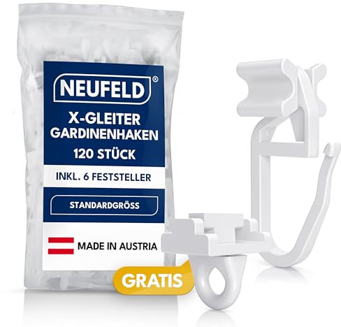 NEUFELD® 120 X-Gleiter (inkl. 6 Feststeller) - Gardinengleiter in Standardgröße - Gardinenhaken für Schienen - Gardinenröllchen