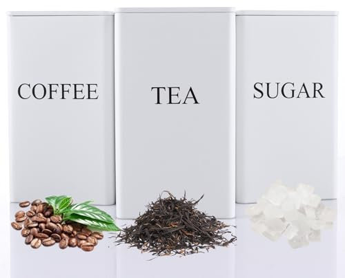 ASelected Tea Coffee Sugar Canisters 3 Piece Metal Food Storage Jars Decorative Tin Easy to Open Airtight Lids for Kitchen Accessories Essentials (White)