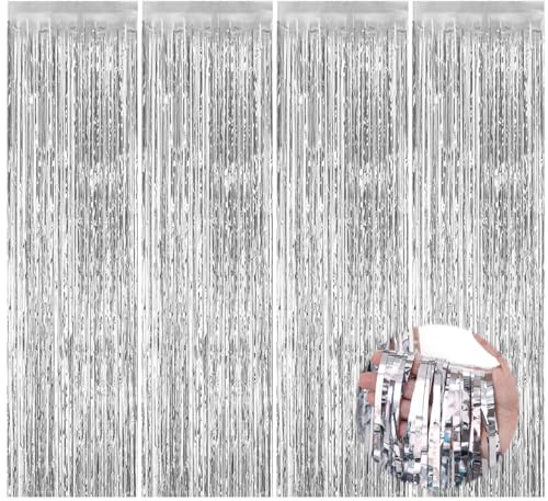 4 Stück Lametta Vorhänge Silber, 1x2 m Glitzer Party Vorhang | Folie Fransen Lametta Vorhang, Metallische Glitzervorhang Fringe, Glitzer Lametta Vorhang für Geburtstage Hochzeit Party