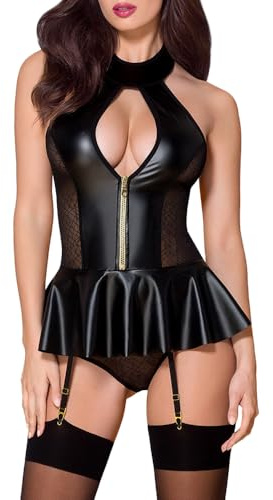 Satohom Women's Sexy Patent Leather Halter Lingerie Mini Dress Wet Look Mesh Splice Bustier Corset Front Zipper with Garter Belt and Panty Babydoll Backless Jumpsuit Clubwear Nightwear Skirt