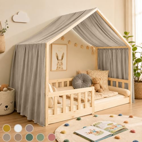 Hook Hausbett Himmel Deko Set, Betthimmel Hausbett aus Musselin - 1 Betthimmel & 1 Wimpelkette, für Jungen Mädchen Deko für Kinderzimmer, Baldachin Kinderzimmer Deko I 135 x 360cm Hellbeige