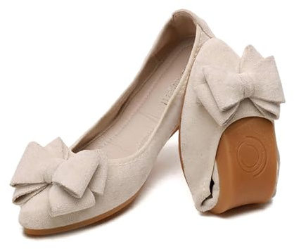 YOUNIFIZ Ballerines plates pliables tendance avec nœud papillon et bout pointu pour femme, crème, 40.5 EU