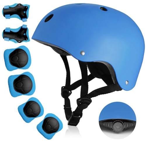 Kids Bike Helmet, Toddler Helmet for Kids Ages 3-5-8, Skateboard Helmet with Knee Elbow Wrist Pads for Boys Girls, Protective Gear Set for Skating Bicycling Roller(Blue)