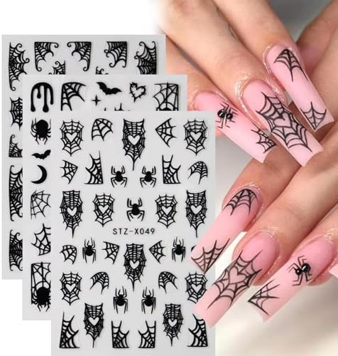TELAIN Halloween Nagelkunst-Aufkleber Schwarze Spinnennetz 3D Selbstklebende Halloween Nagelsticker für Nageldesign, Spinne Fledermaus Mond, 6 Bögen