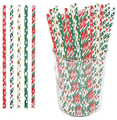 Lot de 50 pailles en papier biodégradables pour Noël, fête d'anniversaire, flocons de neige/sapin de Noël/étoiles/rayures Rouge/vert