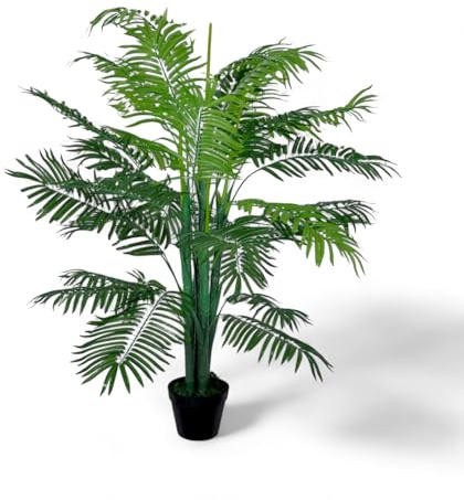 Artificial Palmera Areca 130 cm en maceta de hormigón - Palmera tropical alta realista con 28 hojas - Maceta cubierta de musgo - Decoración perfecta para sala de estar y oficina - Sin cuidados -