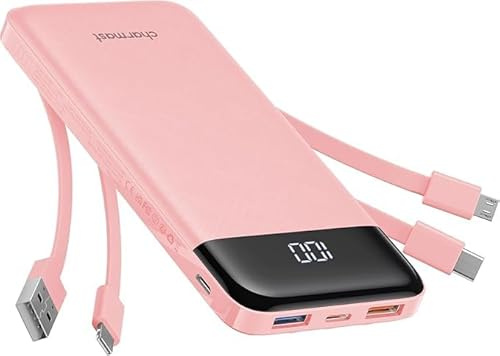 Charmast Power Bank with Built in Cables X 4, 10000mAh Portable Charger 6 Outputs 3 Inputs Travel Essentials, LED Display Type C Powerbank, Slim USB C Battery Pack Compatible with iPhone17/Samsung etc