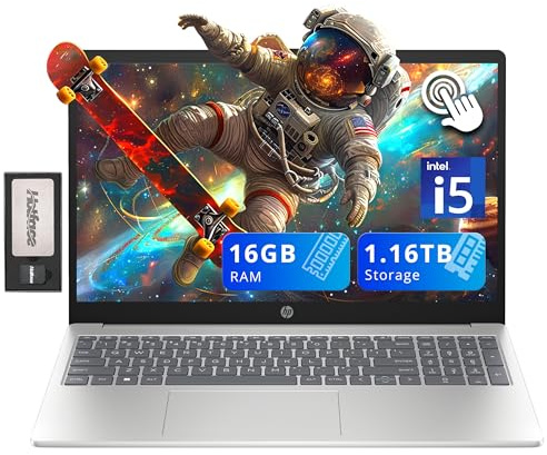 HP Computer portatile touchscreen HD da 15,6, Intel i5-1235U, 16 GB di RAM, memoria da 1,16 TB (SSD da 1 TB + set di docking station da 160 GB), grafica Intel Iris Xe, tastiera numerica, webcam 720p,
