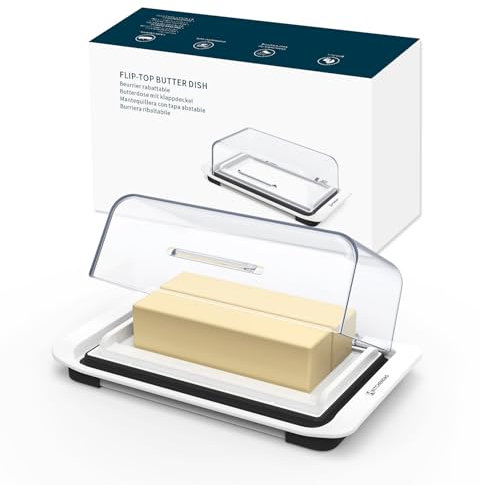 KITCHENDAO Airtight Flip-Top Butter Dish with Lid for Countertop and Refrigerator, Butter Keeper, Plastic Butter Holder Tray for 2 Sticks East Coast/West Coast/European Style/ Kerrygold Butter