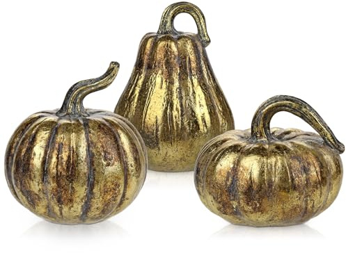 Oairse 3 pcs Resin Pumpkin Decor Artifical Vintage Gold Pumkins for Rustic Home Office Halloween Decor Fall Wedding Party Thanksgiving Centerpiece Autumn Decorations