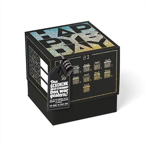 SURPRISA Rätselbox - Geldgeschenke Geburtstag, Rätsel Geschenkbox Knobelbox | Geschenkverpackung Geldgeschenke, Gutscheine, Geburtstag, Motiv: Happy Bday-Rätsel, Schwarz mit Glitzerfolie, Größe M (16 cm)