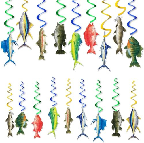 WERNNSAI Ozeanfische hängende Wirbel – 18 Stück Gone Fishing Party Dekorationen für Jungen Männer Angler Geburtstag Party Supplies Meerestier Decke hängende Dekoration Angeln Club Turnier Supplies