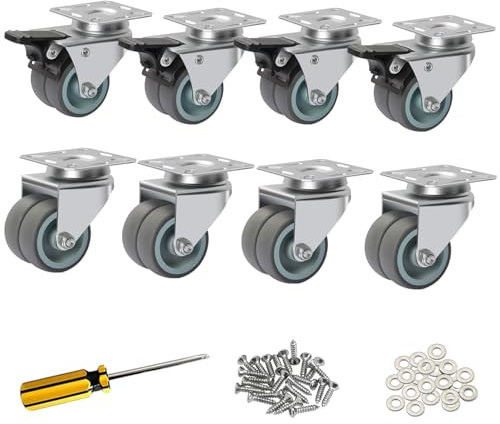 IQWTU Ruote per Mobili con Freno, Set di 8 Ruote per Carrello da 50 mm, Rotelle per Carichi Pesanti fino 100 kg per Ruota, Rotelle Pivotanti a 360°, Ruota per Trasporto in TPR(4 con Freni e 4 Senza)