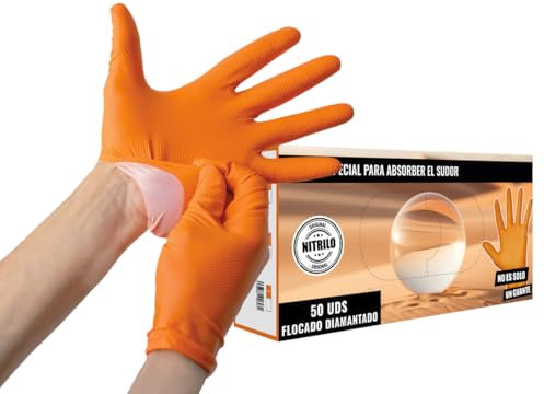 JOMAFA Guantes de Nitrilo ABSORBE SUDOR para hiperhidrosis y sudor de manos DIAMANTADOS GRIP Super resistentes Reutilizables NARANJAS 8 micras / 9´9 gramos, pack de 50 TALLA L - 3516