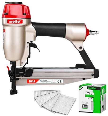meite T64A 16 Gauge Finish Nailer with 2500Pcs x 50mm Nails, Pneumatic Finish Nail Gun Fits 32–64mm 16G Finish Nails, Lightweight Nail Gun for Woodworking