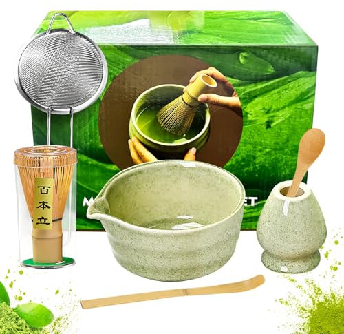 Matcha Set of 6, Matcha Kit Includes Matcha Whisk and Bowl, Whisk Holder, Spoon, Scoop and Strainer, Matcha Whisk Set for Traditional Japanese Tea Lover (Green)