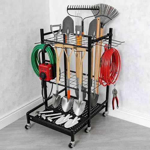 WUDLEP Garden Tool Organizer and Storage Rack, Heavy Duty Yard Tool Organizer, Free Standing Metal Tool Rack, for Garages, Gardens, Sheds, Black