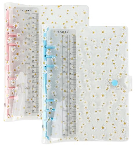 Bncxdc Ringbuch A5, Ordner A5, 2 Pack, Transparente, Wasserfeste PVC Weicher 6-Ring-Notizbucheinband für lose Blätter, Nachfüllbarer Runder Ring Ordner mit Druckknopfverschluss, 23,5 x 17 cm(daisy)