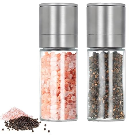 Macina Sale e Pepe 2 Set, Mini Macina Sale Pepe Macinasale, Macina Spezie in Acciaio Inox, Ruvidità Regolabile, Macina Sale a Ricarica, per Condimenti, Pepe, sale e Peperoncino, Argento
