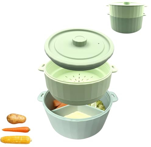 CHOUYUHE 2-Tier Silicone Microwave Steamer, Divided Compartments with Lid, Stackable Food Container, Sage Green