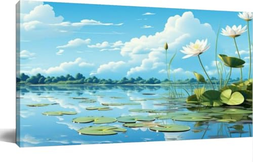 A sky blue podium encircled lily pads and flowers gentle wavesCanvas Wall Art Large Framed Prints Pictures Wall Decor Posters Painting Artwork for Living Room Bedroom Kitchen Bathroom 16x30