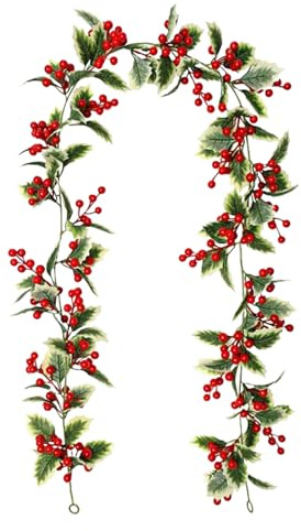 Genérico Guirnalda Navideña para Repisa | 1.74 m Corona de Hojas Artificiales - Guirnalda con Hojas Verdes Y Bayas,para Sala Dormitorio Chimenea Patio Jardín Exterior
