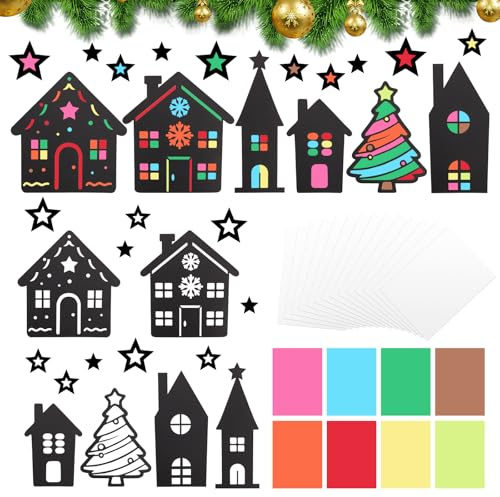 42 unidades de decoración navideña para manualidades, manualidades navideñas, juego de manualidades para ventanas, Navidad, casa, árbol de Navidad, estrellas, pegatinas de ventana coloridas, juego de