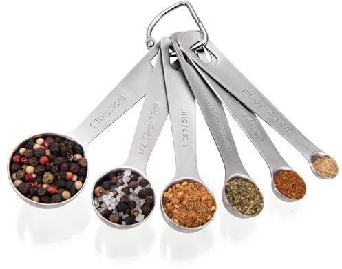 Doosu Metal Measuring Spoons for Cooking, 18/8 Stainless Steel, Set of 6 | Kitchen Measure Tool, Engraved Teaspoon Tablespoon TSP Tbsp, Scoop Serving Baking Accessory Gadget, Dry & Liquid Ingredient