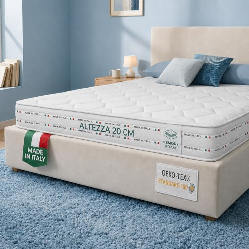 Materassi Russo - Materasso Singolo 90x190 in Memory Foam e Waterfoam, Alto 20 cm, Ortopedico Semi Rigido, Anallergico e Antiacaro, Tessuto Aloe Vera, Made in Italy