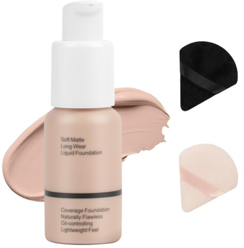 ALIIP Fond de Teint avec Deux Houppettes,Foundation Imperméable Professional,Crème Parfaite,Makeup Fond de Teint Liquide Couvrant Tenue,Lisse&Poreless Finish,Convient à Tous les Types de Peau,102