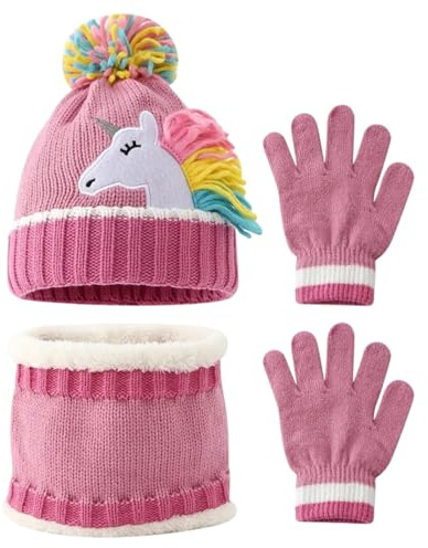 3 Pièces Bonnet Echarpe et Gants Ensemble pour Enfant Chapeau Tricoté d'hiver Chaud avec Motif Licorne et Pompon Tour de Cou Enfant avec Doublure Hiver Accessoires Set pour Fille 3-6 Ans