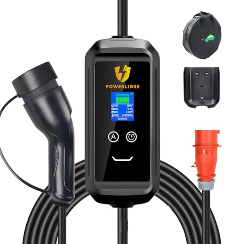 Powerlibre Cargador EV Portátil 11KW 16A 3P, Wallbox de Pared IEC 62196 Tipo 2, Enchufe Estándar Europeo, Control por App Tuya y WiFi, Cable de Carga 5M para Vehículo Eléctrico, 5M F2 11kw