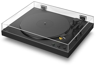 Sony PS-LX5BT Premium-Bluetooth-Plattenspieler mit vollautomatischer Wiedergabe, Riemenantrieb, hochwertiger Tonabnehmer, Hi-Res Audio, integrierter Phono-Vorverstärker, 3 Verstärkungsmodi – Schwarz