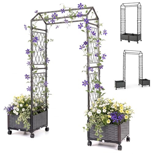 HOMASIS Arco de rosas 2 en 1 con 2 jardineras con ruedas, arco de jardín de metal y ratán PP, arco para jardín o boda, enrejado para plantas trepadoras (gris, 80 x 40 x 162 cm)