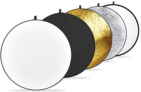 RASTKY Riflettore di Luce Versatile da 80 Cm Riflettore Fotografico Circolare Pieghevole Multi Disco 5 in 1 per Migliorare le Ombre Calore Evidenziazioni Speculari, Bianco Argento Oro