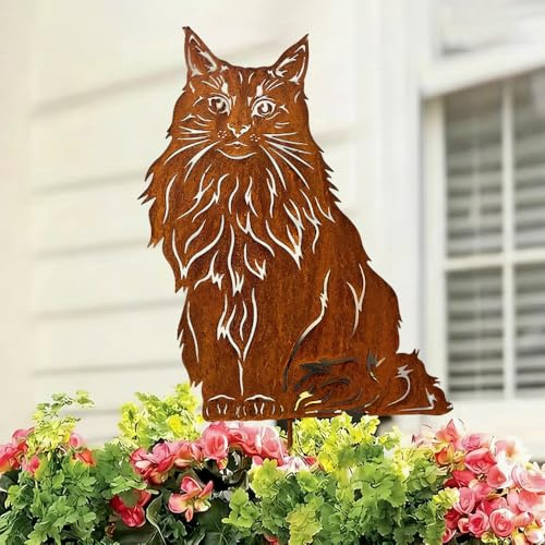 WRQIOO Gartenstecker Rost Katzen, Maine Coon Katze Gartendeko Rost, Gartenstecker Metall, Gartendeko Katze Edelrost, Rostdeko Gartend-EKO für Garten Terrasse Balkon