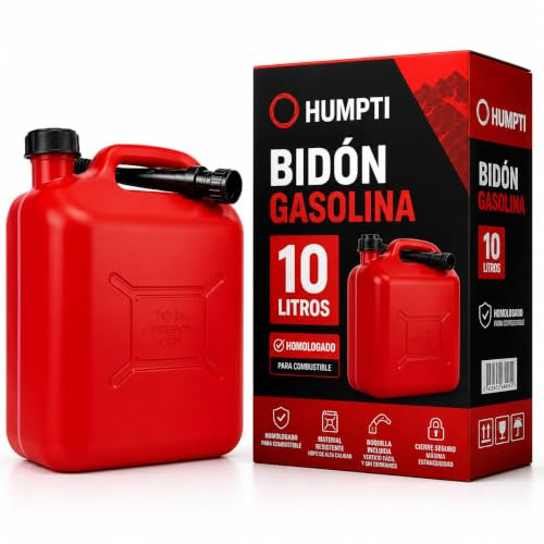 Bidon Gasolina 10L con Boquilla y Medidor Homologado, Garrafa Gasolina 10L Homologada Pack de 1 - Bidón Combustible Plástico con Visor de Nivel - Bidones para Gasolina y Gasoil Homologados