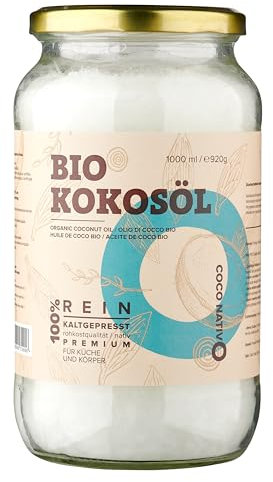 Organic Coconut Oil CocoNativo - 1000mL (1Liter) - Extra Virgin Coconut Oil, Premium, Native, Cold Pressed, Raw Food Quality, Pure (1000ml) - for Cooking, Frying and Baking, for Hair and Skin